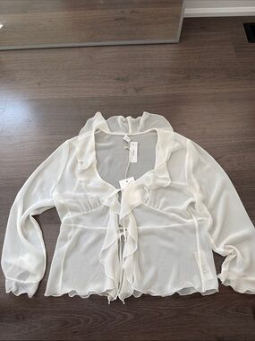 Aritzia “Frenchy” Sheer Ruffle Tie-Front Blouse - Light Birch